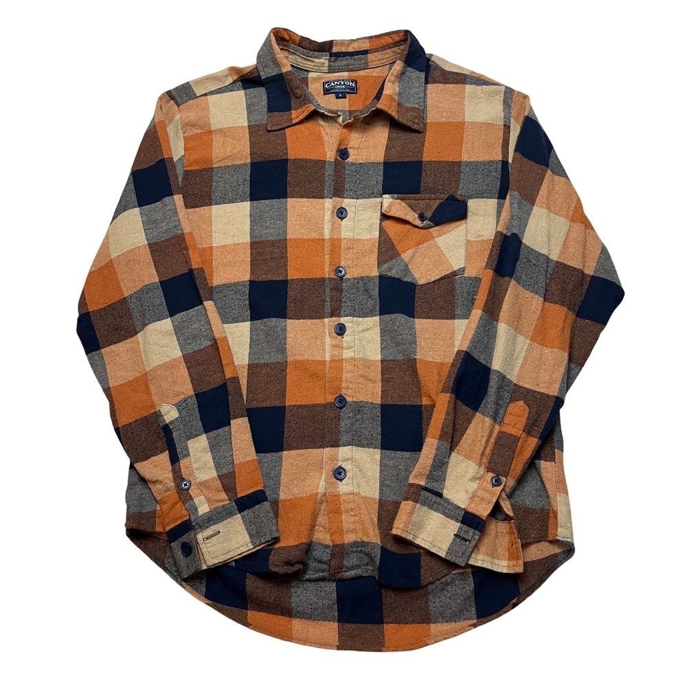 Canyon Creek Flannel Men Large Orange Plaid‎ Button Up Long Sleeve Work Shirt